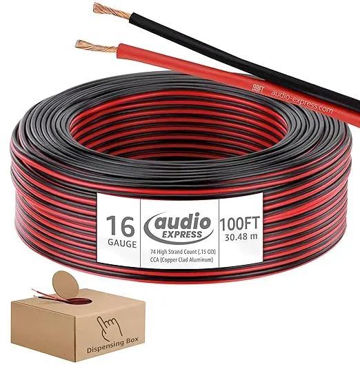 100ft 16-Gauge Audio Stereo Speaker Wire Cable,100 Feet,30.48 Meters,2 Conductor,Flexible Red-Black PVC, CCA, Dispensing Box,Home Theater, HiFi,Auto,Hook-Up,74 High Strand Count (.15 OD)