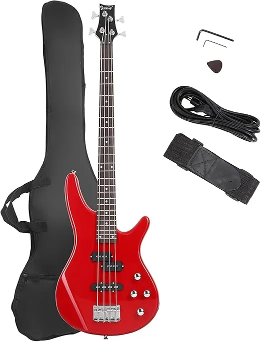 GLARRY Electric Bass Guitar Full Size 4 String Exquisite Stylish Bass with Power Line, Bag and Wrench Tool (Red)