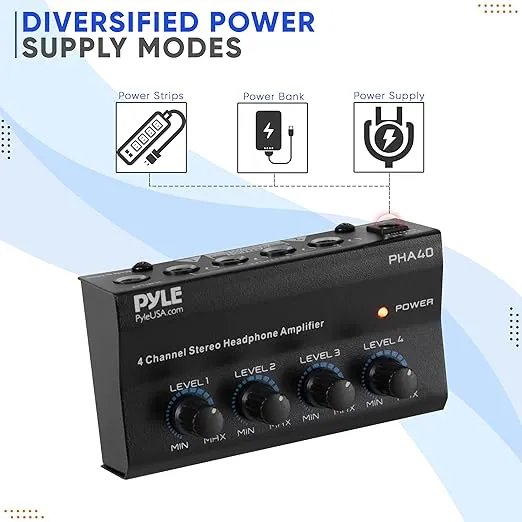 Pyle 4-Channel Portable Stereo Headphone Amplifier - Professional Multi-Channel Mini Earphone Splitter Amp w/4 ¼” Balanced TRS Headphones Output Jack and 1/4' TRS Audio Input For Sound Mixer - PHA40