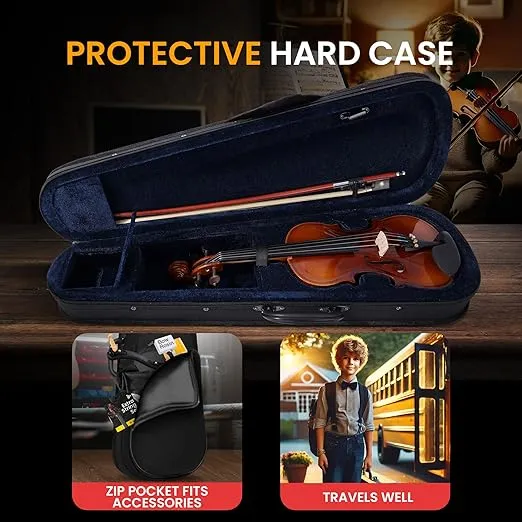 Pyle Full Size Beginner Violin Starter Kit, Violin Starter Package with Travel Case & Bow, Extra Strings, Digital Tuner, Shoulder Rest & Cleaning Cloth for Students, Kids, Adults