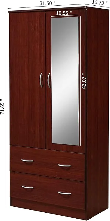 HODEDAH 2 Door Wood Wardrobe Bedroom Closet with Clothing Rod inside Cabinet, 2 Drawers for Storage and Mirror, Mahogany