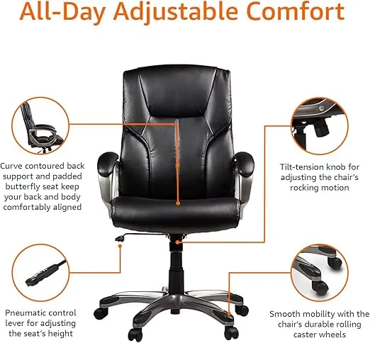 Amazon Basics Executive Home Office Desk Chair with Padded Armrests, Adjustable Height and Tilt, Rolling Swivel Chair, 275 Pound Capacity, Black and Silver