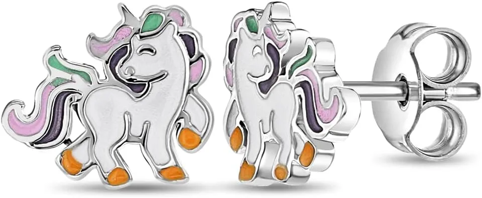 925 Sterling Silver Multicolor Enamel Rainbow Unicorn Stud Earrings for Little Girls and Preteens - Little Girls Dress Up Unicorn Stud Earrings - Unicorn Birthday Jewelry Gifts for Young Girls