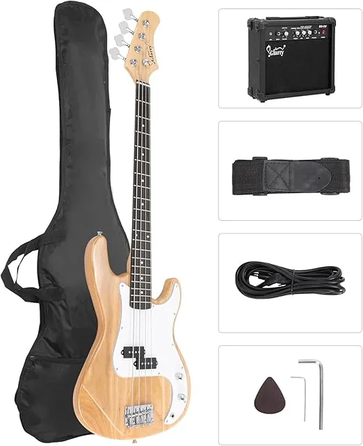 GLARRY Full Size Electric Bass Guitar with 20W AMP, 4 String Beginner Starter Kit with Accessories including Cable, Strap, Bag for Kids and Adults (Burly Wood)