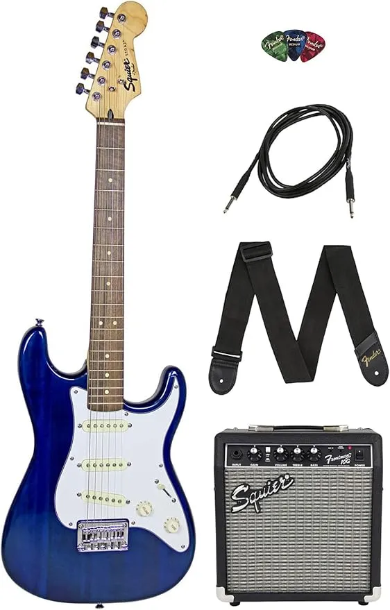 Fender Squier 24-Inch Short Scale Strat Pack - Transparent Blue Bundle with Frontman 10G Amplifier, Instrument Cable, Strap, Picks, Online Lessons, and Austin Bazaar Instructional DVD