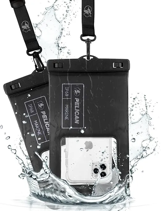 Pelican Marine - IP68 Waterproof Phone Pouch [XL Size] Floating Waterproof Phone Case/Bag for iPhone 16 Pro Max/iPhone 15 Pro/14/13/12/S24/S23/S22/Pixel 9 - Detachable Lanyard - 2 Pack, Stealth Black