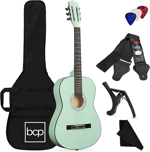 Best Choice Products 38in Beginner All Wood Acoustic Guitar Starter Kit w/Gig Bag, 6 Celluloid Picks, Nylon Strings, Capo, Cloth, Strap w/Pick Holder - SoCal Green