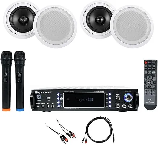 Rockville RPA70WBT Bluetooth Karaoke Amplifier+(4) 8" Ceiling Speakers+Mics