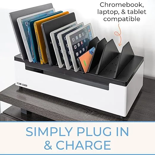 Line Leader 12-Device Open Charging Station for Laptops, Tablets & Chromebooks, Portable Desktop Charger Station Cart with Adjustable Dividers, UL-Listed Power Strip, Safe for School, Office, Home