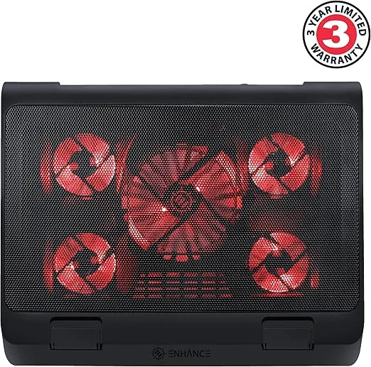 ENHANCE Gaming Laptop Cooling Pad Stand with LED Cooler Fans , Adjustable Height , & Dual USB Port for 17 inch Laptops - 5 Ultra Quiet High Performance Fans 2630 RPM & Built-In Bumpers - Red