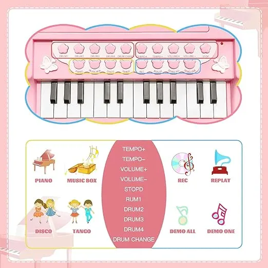 Love&Mini Piano Keyboard Toy for Girls - 24 Keys Toddler Piano Music Toy Instruments with Microphone, Pink Piano Toys for 1 2 3 Years Old Girls Birthday Xmas Gift