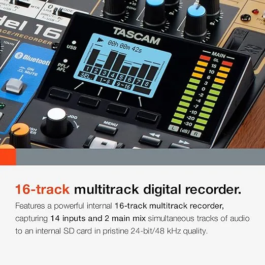 Tascam Model 16 All-In-One 16-track Mixing and Recording Studio, Analog Mixer, Digital Recorder, USB Audio Interface