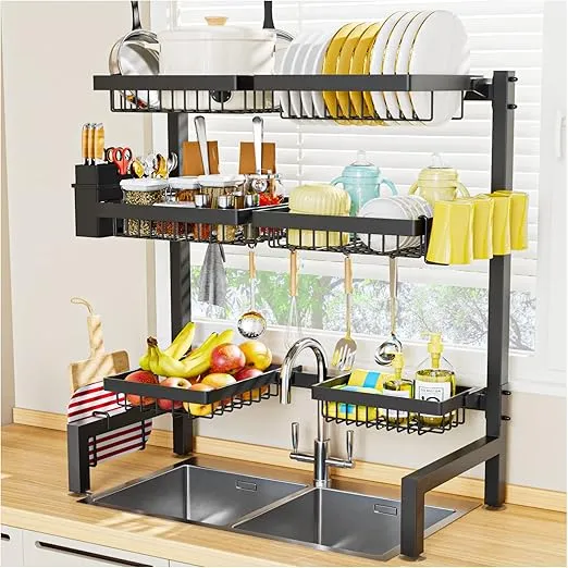 SNSLXH 3 Tiers 6 Baskets Dish Drying Rack, 24.8"-35.4",Over Sink Dish Drying Rack, 3-Tier Large Sink Rack for Kitchen, Extensible and Adjustable, Saving Kitchen Space