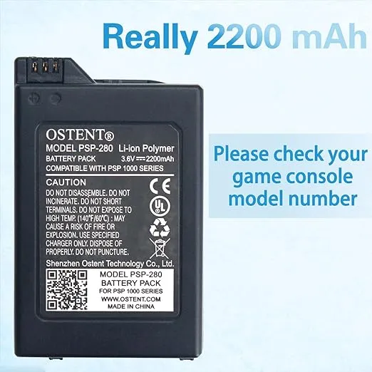 OSTENT High Capacity Quality Real 2200mAh 3.6V Lithium Ion Li-ion Polymer Rechargeable Battery Pack Replacement Upgraded Version for Sony PSP 1000 PSP-280 Console Video Games