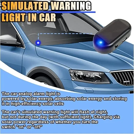 Car Solar Power Simulated Dummy Alarm, Car Alarm Warning Light Fake Lamp with USB Charger Port, Anti-Theft LED Flashing Security Light Car Accessories for Most Cars (Blue, 1PC)