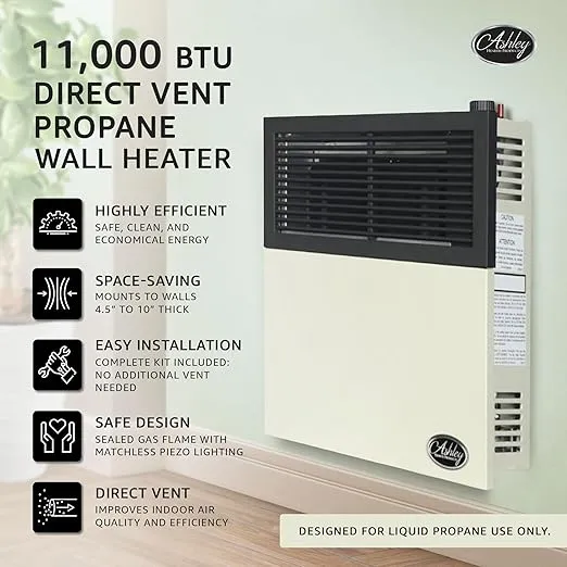 Ashley Hearth Products 11,000 BTU Direct Vent Liquid Propane Wall Mounted Heater with Piezo Lightning, Safety Pilot and Built In Regulator, Cream