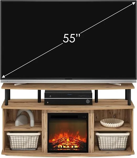 Furinno Jensen Open Shelving Storage Fireplace TV Entertainment Center for TV up to 55 Inch, Flagstaff Oak/Black