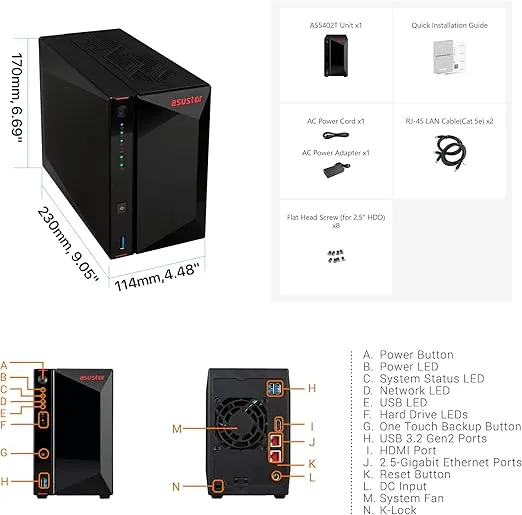 Asustor AS5402T, 2 Bay NAS, Intel Quad-Core 2.0GHz CPU, 4x M.2 NVMe SSD Slots, 2x2.5GbE Ports, 4GB DDR4 RAM, For Gaming and Live Stream, Network Attached Storage(Diskless)