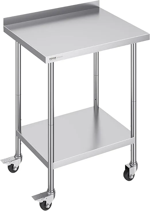 VEVOR 24 x 30 x 40 Inch Stainless Steel Work Table, Commercial Food Prep Worktable with Casters, Heavy Duty Prep Worktable, Metal Work Table with Adjustable Height for Restaurant, Home and Hotel