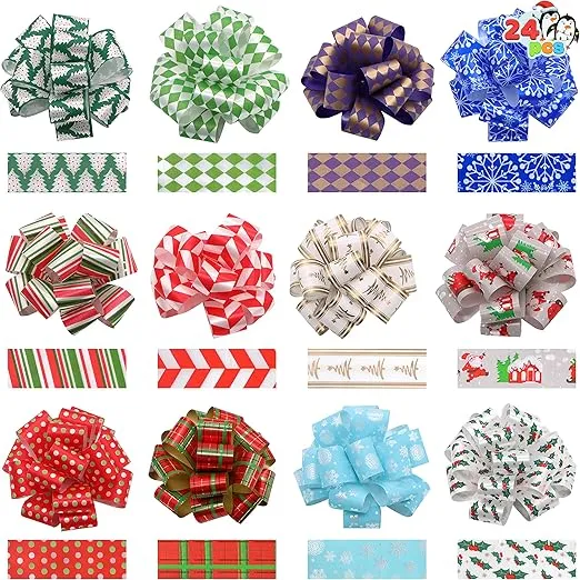 JOYIN 24 Present Wrap Ribbon Pull Bows 5", Easy and Fast Gift Wrapping Accessory for Christmas Bows Baskets Wine Bottles Gifts Decoration, Gift Wrapping, Present Decor