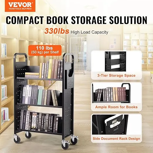 VEVOR Book Cart, 330 lbs Library Cart, 31.1" x 15.2" x 49.2" Rolling Book Cart, Single Sided V-Shaped Sloped Shelves with 4-Inch Lockable Wheels for Home Shelves Office and School, Book Truck in Black