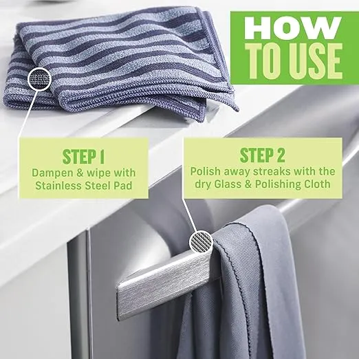 E-Cloth Stainless Steel Microfiber Cleaning Cloth Kit - Stainless Steel Cleaner for Appliances, Oven, Stove, & More - Microfiber Towels for Cars - Reusable Cloths for Cleaning