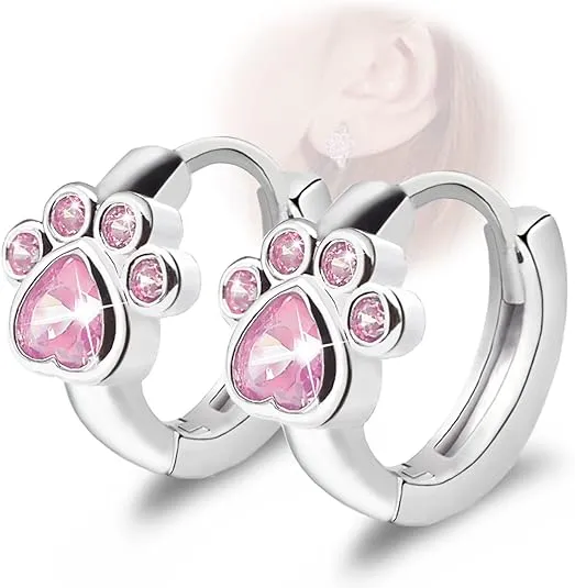 Cubic Zirconia Small Hoop Earrings - CZ Cat Dog Paw Print Hoop Huggies Earrings Sterling Silver Hypoallergenic Cute Cartilage Earrings for Women Girls Teens