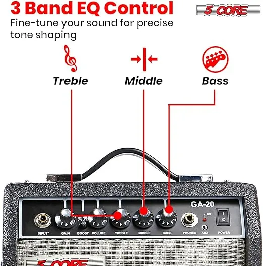 5 Core Guitar Amp 20W Amplifier for Electric Bass Acoustic Practice Amp Small Portable Mini Amplificador para Bajo with Built in Effects - GA 20 BLK