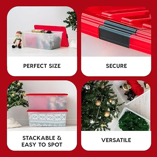 IRIS USA 91 Qt/22.75 Gal Stackable Nestable Plastic Christmas Storage Bins Organizer with Lids and Latching Buckles, 4-Pack, Containers with Lids, Christmas Decoration Light Storage, Clear/Red