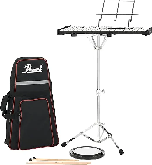 Pearl 32 Note Glockenspiel Metallophone Bell Kit Student Educational Percussion Kit with Practice Pad, Backpack Carrying Case, Sticks and Mallets (PK910), Silver/Black