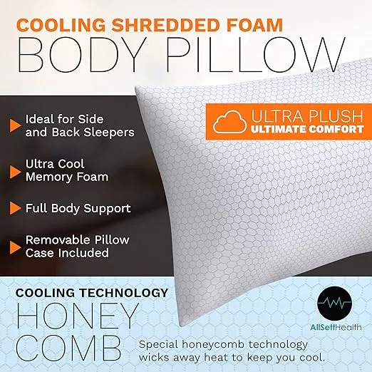 AllSett Health XXL Shredded Memory Foam Body Pillow | Long Cooling Bed Pillow for Adults - Extra Support for Side Sleepers and Pregnanc - 20" x 54” + Bonus Machine Washable Pillow Case