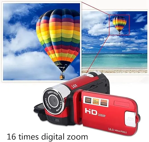 Handheld Video Camcorder FHD 16x Digital Zoom, Tragbar Digital Camera with COMS Sensor, Builtin Speaker, 270 ° Rotary Screen, Video Camera for Kids(Red)