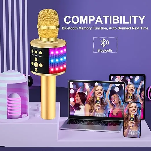 BONAOK Bluetooth Wireless Karaoke Microphone with LED Lights,4-in-1 Portable Handheld Mic with Speaker Karaoke Player for Singing Home Party Toys Birthday Gift for Kids Adults Girls Q78(Gold)