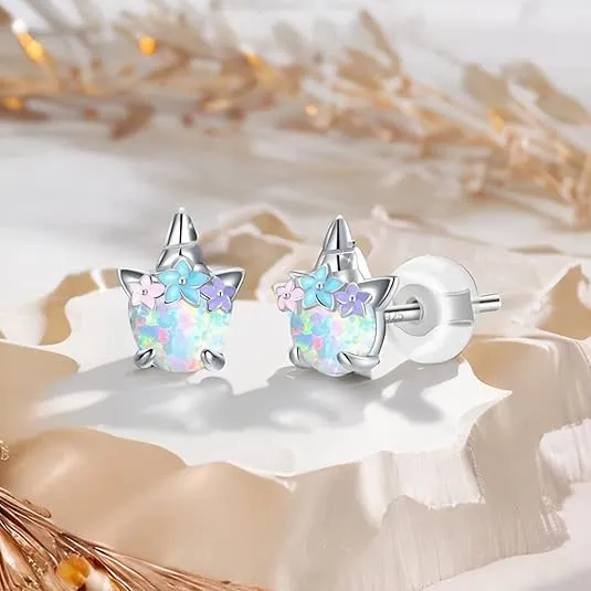 Hypoallergenic Unicorn Stud Earrings for Women 925 Sterling Silver Unicorn Opal Earring Studs for Sensitive Ears Unicorns Gifts.