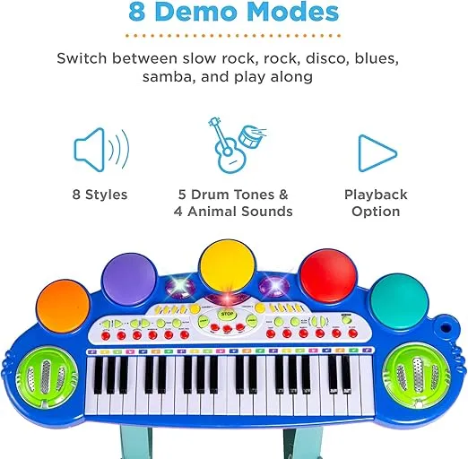 Best Choice Products 37-Key Kids Electronic Musical Instrument Piano Learning Toy Keyboard w/Multiple Sounds, Lights, Microphone, Stool - Blue