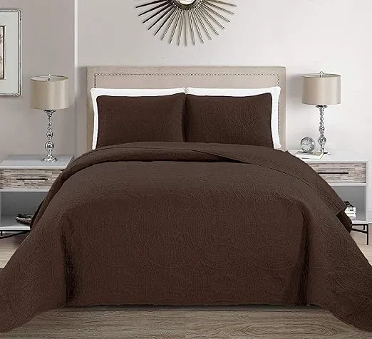 MK Home Mk Collection Solid Embossed Bedspread Bed Cover Over Size (Coffee/Dark Brown, Full/Queen (100-Inch-by-106-Inch))