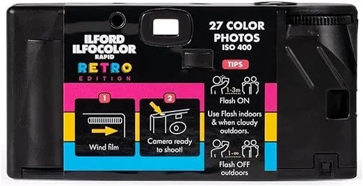 Ilford Ilfocolor Rapid Retro Single Use Camera with 31mm Optical Lens, Pre-Loaded 27-Exposure ISO 400 Color Negative Films, and Built-In Flash (Black)