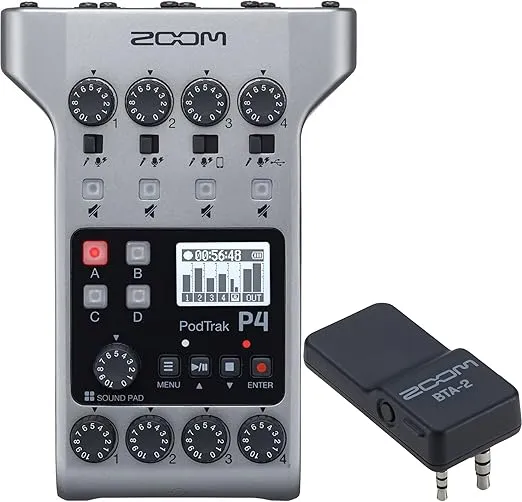 Zoom PodTrak P4 Portable Multitrack, 4 Microphone Inputs, 4 Headphone Outputs, & BTA-2 Bluetooth Adapter