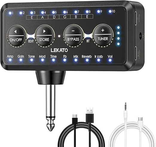 LEKATO Guitar Headphone Amp with Multi Effects - Amp Models, IR Loading, Tuner, Rechargeable Portable Bass Micro Headphone Amplifier Electric Guitar Headphone Amplifier Delay Reverb Chorus Overdrive