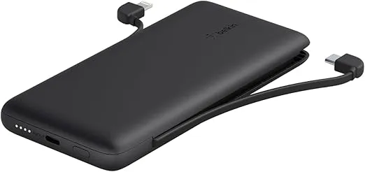 Belkin Portable Charger, Power Bank 10,000mAh, 23W w/Integrated Lightning Cable & USB-C Cable - iPhone Charger Battery Pack for Apple iPhone 16, 15, 14, 13, Galaxy, Pixel 9, Travel Essentials - Black