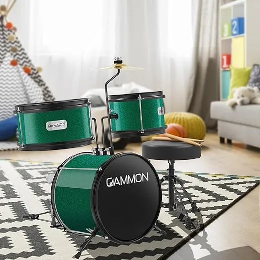 Gammon 3-Piece Junior Drum Set with Throne - Green, Complete Beginner Kit with Bass Drum, Toms, Cymbal, Pedal, and Drumsticks