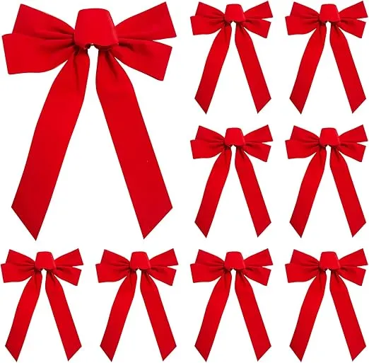 10 Pack Red Christmas Bows for Wreath Decorations, 9 x 13 Inches Large Velvet Bows Ribbons Bulk for Tree Topper Gifts Xmas Ornament Indoor and Outdoor Decor