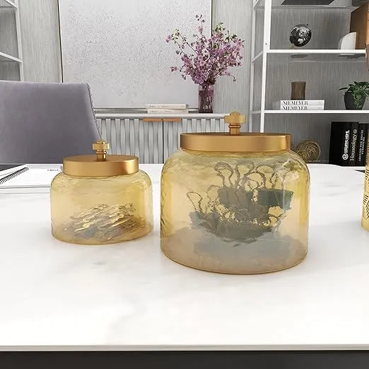 CosmoLiving by Cosmopolitan Glass Decorative Jars with Metal Lids, Set of 2 4", 5"H, Gold