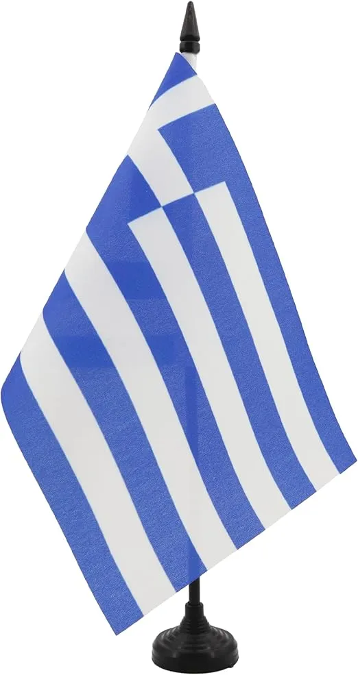 Greece Table Flag 5'' x 8'' - Greek Desk Flag 21 x 14 cm - Black plastic stick and base - AZ FLAG