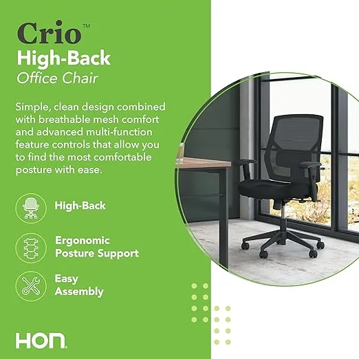 HON Crio High Back Office Chair Mesh Desk Chair With Wheels and Arms - Ergonomic Office Chair with Adjustable Center-Tilt Recline, Home Office Swivel Chair Comfortable for Long Hours - Black