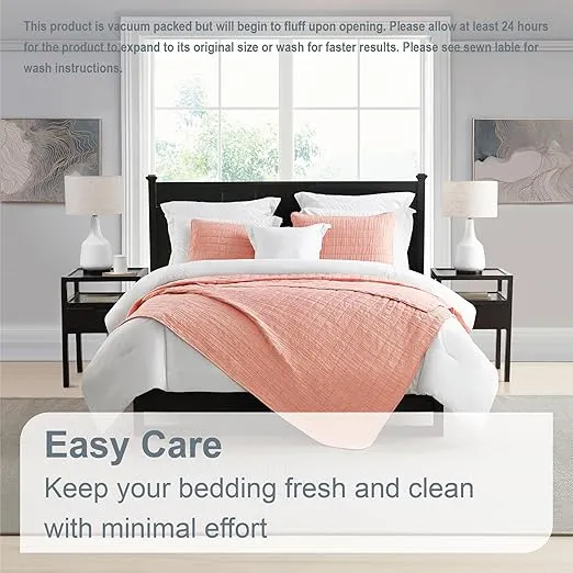 Swift Home Lightweight Oversized, Ultra-Soft, Enzyme Washed, Crinkle Texture, Breathable Cotton Blend Fill, 3-Piece Coverlet/Bedspread/Quilt Set – Coral, King/Cal King