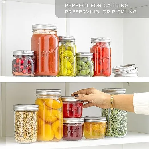 32 Oz Mason Jars With Lids, Labels and Measures! 6-Pack Wide Mouth Mason Jars, Glass Jar with Lid and Band. Airtight Canning Jars, Overnight Oats Jars, Salad Jars, Sourdough Starter Jar