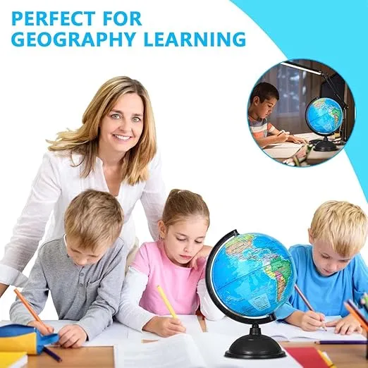 8 Inch World Globe with Stand Rotating Earth Spinning Globe for Kids Geography Classroom Education or Decorations (Blue)