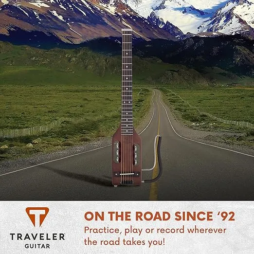 Traveler Guitar Ultra-Light Guitar for Travel | Portable and Headless Electric Acoustic Guitar | Full 24 3/4" Scale | Antique Brown Travel Guitar with Custom Gig Bag and Removable Lap Rest