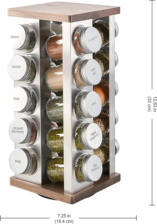 Kamenstein 20 Jar Vintage Revolving Countertop Spice Rack Organizer with Spices Included, FREE Spice Refills for 5 Years, Wood and Stainless Steel with Metal Caps